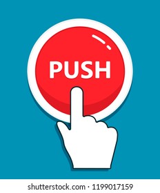 Hand cursor clicks the push button. Hand icon pointer. Illustration for graphic and web design.