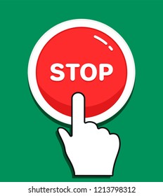 Hand cursor clicks the round Stop button. Hand icon pointer. Illustration for graphic and web design.
