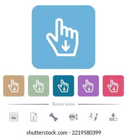 Hand cursor down outline white flat icons on color rounded square backgrounds. 6 bonus icons included