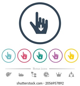 Hand cursor down solid flat color icons in round outlines. 6 bonus icons included.