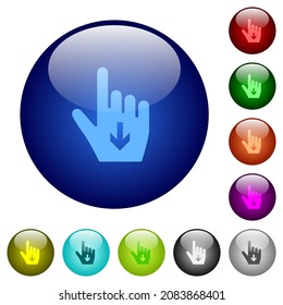 Hand cursor down solid icons on round glass buttons in multiple colors. Arranged layer structure