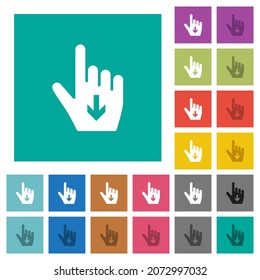 Hand cursor down solid multi colored flat icons on plain square backgrounds. Included white and darker icon variations for hover or active effects.