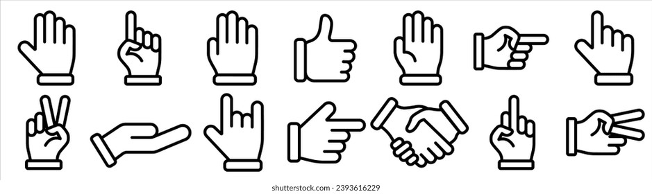 Cursor de mano, apretón de manos, aumento de pulgar, gestos de mano, iconos de línea vectorial de señales conjunto