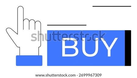 Hand cursor hovering over blue BUY button, signaling a click action. Ideal for e-commerce websites, online shopping, user interface design, digital marketing, website navigation, call-to-action