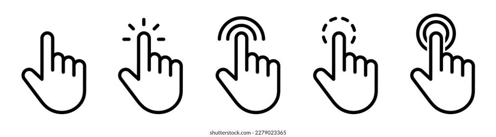 Icono del cursor de mano. Haga clic con la mano en el icono. Icono de cursor, ilustración vectorial