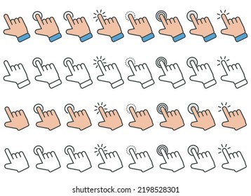 Hand cursor icon in different gestures. Finger mouse cursor. Clicking cursor vector illustration