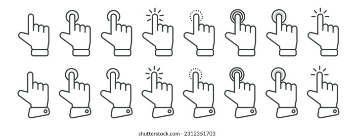 Hand cursor icon in different gestures. Finger mouse cursor. Clicking cursor vector illustration