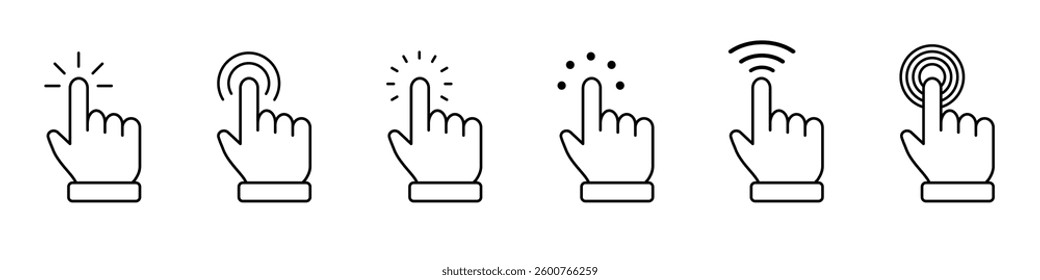 Hand cursor icon. Mouse click. Pointer arrow set. Hand swipe.
Vector illustration