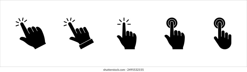 Hand cursor icon set, click icon vector, hand click, pointer, on a white background.