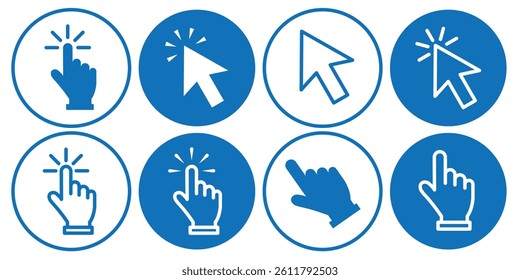 Hand cursor icon set. Clicking finger icon on white background. Click cursor. Computer mouse clickicon. Hand click mouse sign. Vector Illustration.