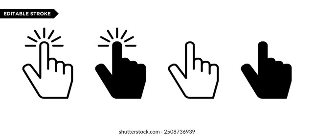 Hand cursor icon set Editable stroke pixel perfect. icon, click, hand, finger, touch, point, mouse, cursor, tap, pointer, vector, screen, arrow, white, navigation, push, stick