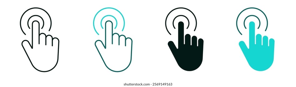 Hand cursor icon set. Line and flat solid logo. Technology, artificial intelligence or internet concept. Modern click symbol for web or mobile app. Finger tap or touch sign. Editable vector stroke. 