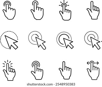 Hacer clic de iconos de cursor de mano, Toque, Arrastre, Seleccionar, Desplazamiento