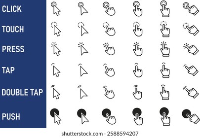 Hand Cursor Icons Set – Mouse Click and Pointing Hand Cursor Icons Isolated on White. Pointer Cursor, Computer Mouse Click Icons, Navigation Cursor Symbol Set, Vector Illustration EPS10 Design