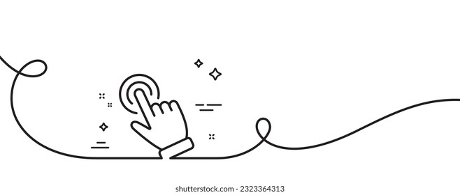 Icono de línea del cursor de mano. Una línea continua con curl. Haga clic en el signo de acción. Símbolo del puntero del dedo. Cinta de contorno simple del cursor. Patrón de curva de bucle. Vector