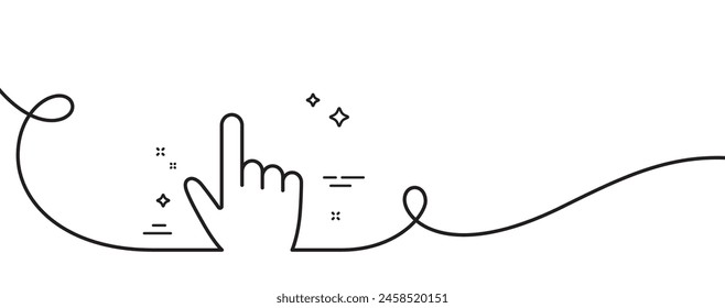 Icono de línea de cursor de mano. Una línea continua con rizo. Signo de acción del Hacer clic. Símbolo de puntero de dedo. Cinta de contorno simple del cursor. Patrón de curva de bucle. Vector