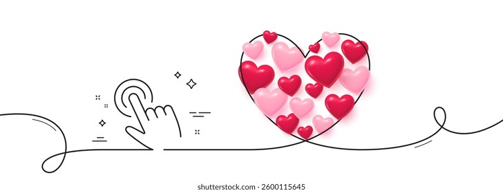 Hand cursor line icon. Continuous line big heart. Click action sign. Finger pointer symbol. 3d hearts in heart shaped loop. Cursor single line ribbon. Loop curve pattern. Vector