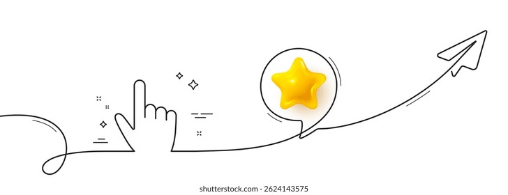 Hand cursor line icon. Continuous line with share plane. Click action sign. Finger pointer symbol. 3d star in speech bubble. Cursor single line ribbon. Loop curve pattern. Vector