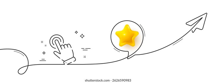 Ícone de linha de cursor manual. Linha contínua com plano de compartilhamento. Clique no sinal de ação. Símbolo de ponteiro do dedo. Estrela 3d no balão de fala. Faixa de opções de linha única do cursor. Padrão de curva de loop. Vetor