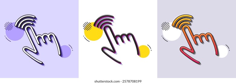 Hand cursor line icon. Halftone dotted pattern. Gradient icon with grain shadow. Click action sign. Finger pointer symbol. Line cursor icon. Various designs. Vector