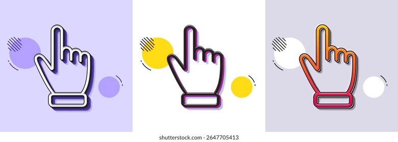 Hand cursor line icon. Halftone dotted pattern. Gradient icon with grain shadow. Click action sign. Finger pointer symbol. Line cursor icon. Various designs. Vector