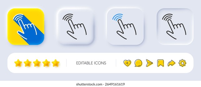 Hand cursor line icon. Neumorphic, Flat shadow, 3d buttons. Click action sign. Finger pointer symbol. Line cursor icon. Social media icons. Vector