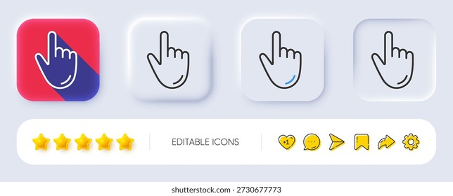 Icono de línea de cursor de mano. Neumórfico, Sombra plana, Botones 3D. Signo de acción del Hacer clic. Símbolo del puntero del dedo. Icono de cursor de línea. Iconos de redes sociales. Vector
