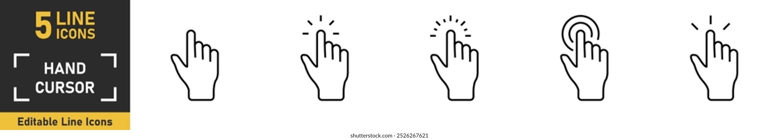 Hand Cursor line icon set. Set of 5 outline icons related to hand cursor, cursor, click, mouse and more. Vector illustration.