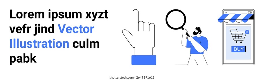 Hand cursor, magnifying glass, man searching, and mobile shopping app with a blue buy button. Ideal for e-commerce, SEO services, digital marketing, online tutorials, app development, website design
