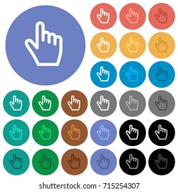 Hand cursor multi colored flat icons on round backgrounds. Included white, light and dark icon variations for hover and active status effects, and bonus shades on black backgounds.