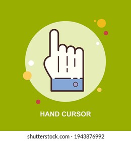 Hand cursor on green background flat concept design