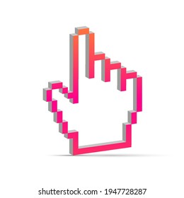 Hand cursor pixel 3D. Hand arrow pixelated cursor. Forefinger, index finger cursor. Vector illustration isolated on white.