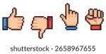Hand cursor pixel art set. Hand gesture collection. Thumb up, down, stop and hit. 8 bit sprite. Game development, mobile app. Isolated vector illustration.