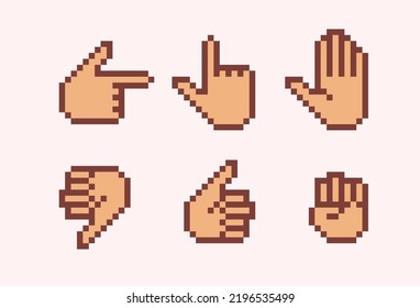 Hand cursor pixel art set. Hand gesture collection. Thumb up, down, stop and hit. 8 bit sprite. Game development, mobile app.  Isolated vector illustration.