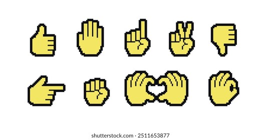 Hand cursor pixel art set. Hand gesture collection. Thumb up, down, stop and hit. 8 bit sprite. Game development, mobile app. Isolated vector illustration.