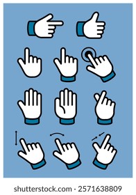 Hand cursor pointer icon in any gesture vector collection include swipe up and pinch zoom