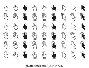 Hand and cursor pointer line icons. Clicking finger. Cursor arrow icon. Computer mouse click. Website arrows or hands cursors tools, computer interface button. Touch and click symbols. Vector