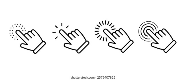 Hand cursor, pointer, mouse, click line icon set. Computer, button, progress, licking cursor, pointing hand clicks, waiting loading icons pack. Vector illustration with transparent background.