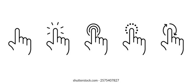 Hand cursor, pointer, mouse, click line icon set. Computer, button, progress, licking cursor, pointing hand clicks, waiting loading icons pack. Vector illustration with transparent background.