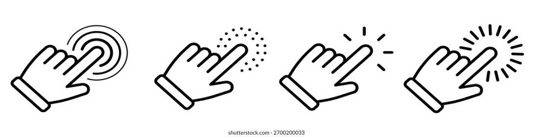 Cursor de mão, ponteiro, mouse, clique no conjunto de ícones de linha. Computador, botão, progresso, clicar cursor, apontar cliques de mão, aguardando carregar o pacote de ícones. Ilustração vetorial com fundo transparente.