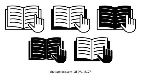 Hand Cursor Pointing to Open Books Icons Vector Design Illustration Set