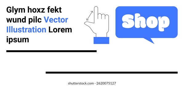 Hand cursor pointing to a shop button in a speech bubble. Ideal for e-commerce, online shopping, web design, digital marketing, and user interface elements. Banner for landing page