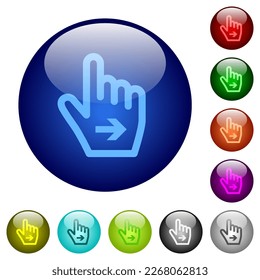Hand cursor right outline icons on round glass buttons in multiple colors. Arranged layer structure