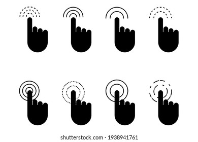 Hand cursor set. Vector mouse pointer symbol. Click here web button sign. Black outline. Stock image. EPS 10.