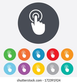 Hand cursor sign icon. Hand pointer symbol. Round colourful 11 buttons. Vector