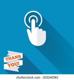 Hand cursor sign icon. Hand pointer symbol. White flat icon with long shadow. Paper ribbon label with Thank you text. Vector