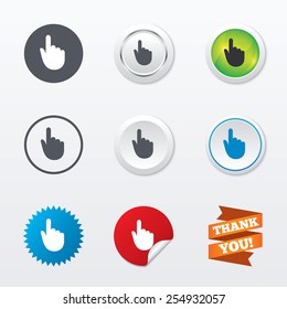 Hand cursor sign icon. Hand pointer symbol. Circle concept buttons. Metal edging. Star and label sticker. Vector