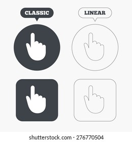 Hand cursor sign icon. Hand pointer symbol. Classic and line web buttons. Circles and squares. Vector