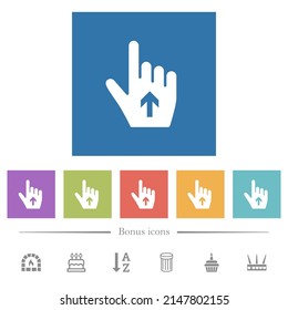Hand cursor up solid flat white icons in square backgrounds. 6 bonus icons included.