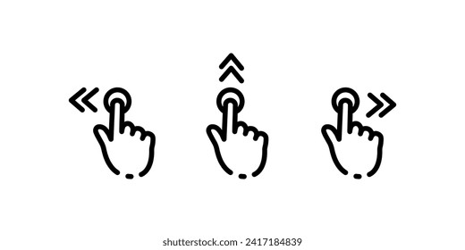 Hand cursor touch screen gestures icon set. Swipe to left right up icon set. Hand finger left, right, up. Vector on isolated white background.